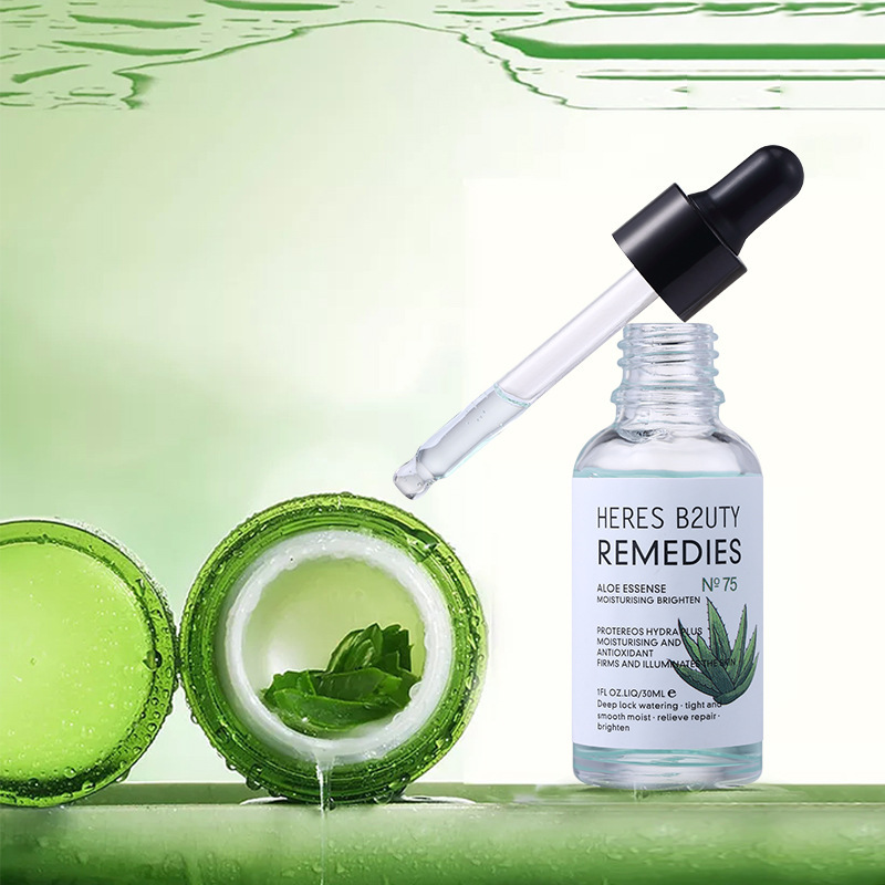 Astolic Serum aloe vera serum bottle with dropper and aloe vera gel pads on a green background